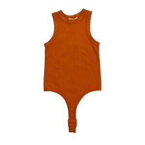 Happily Grey Orange Ribbed Sleeveless Bodysuit S/M Snap Closure Womens Apparel